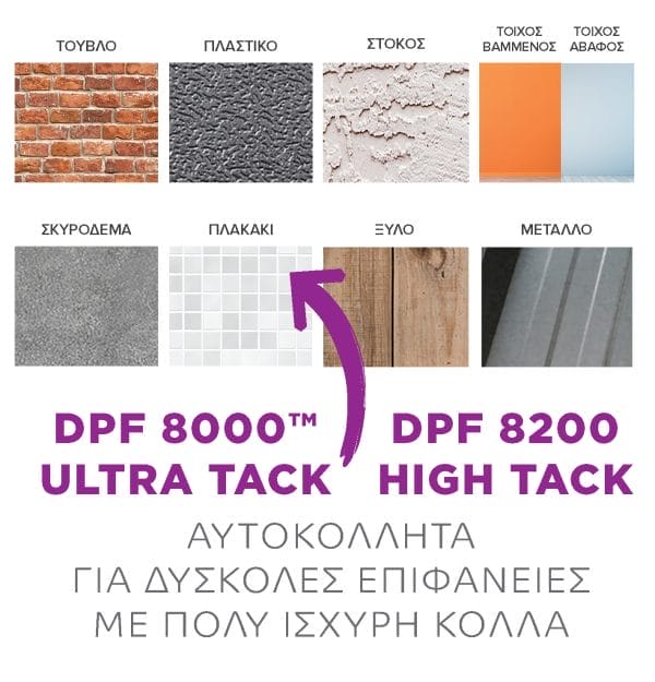 Επιφάνειες για αυτοκόλλητα με Δυνατή Κόλλα DPF 8000™ Ultra Tack & 8200 High Tack